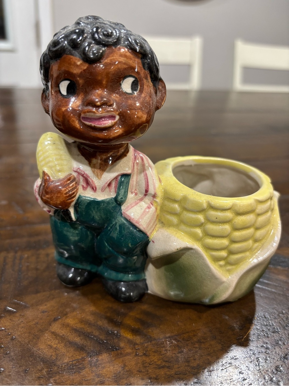 Antique Ceramic Farmer Boy Planter with Yellow Corn Accent Japan